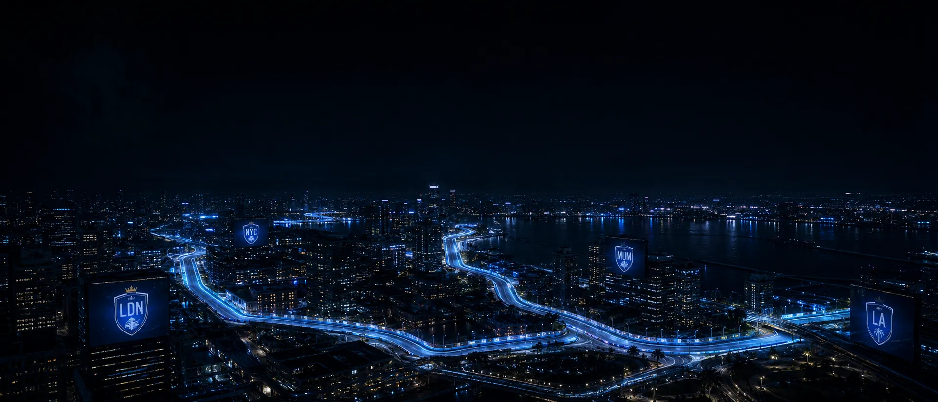 Aerial view of an illuminated city racing circuit