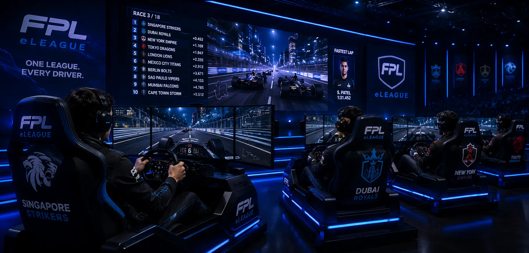 Sim-racing competition inside an eLeague arena