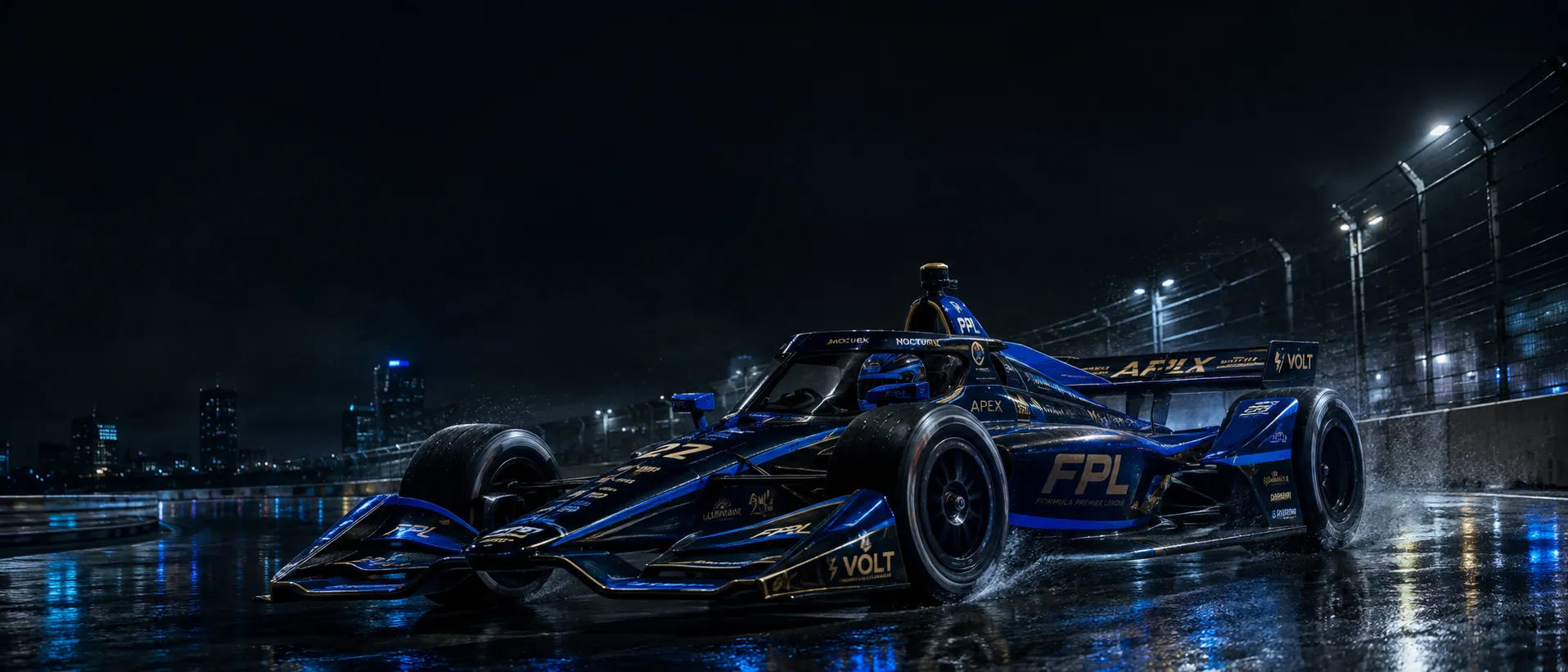 Formula racing car on a floodlit city circuit at night